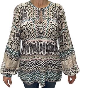 Hale Bob Silk Blouse Tunic‎ Animal Print Bubble Sleeve Keyhole Multi Colo…